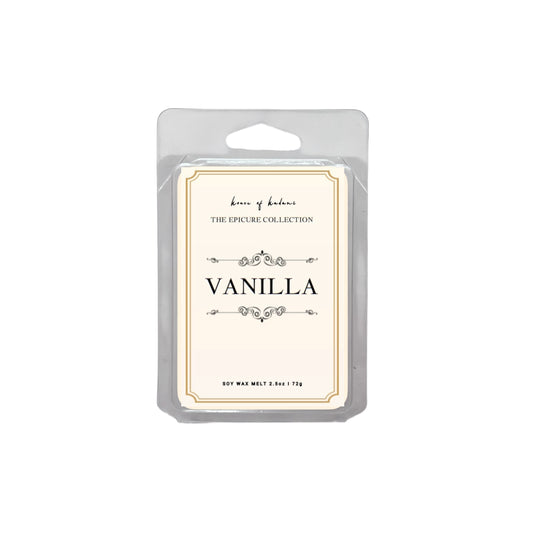 Vanilla scented wax melt package with decorative label on a white background