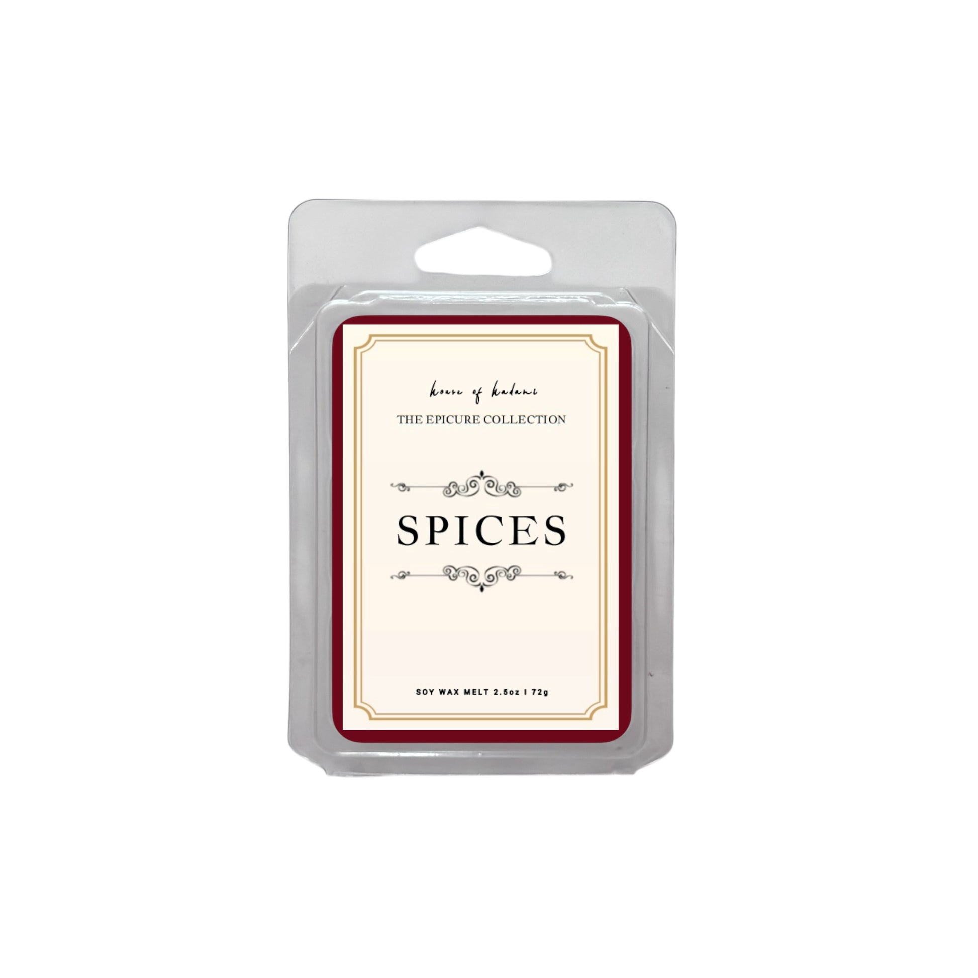 Packaged spice scented wax melt with a label on a white background