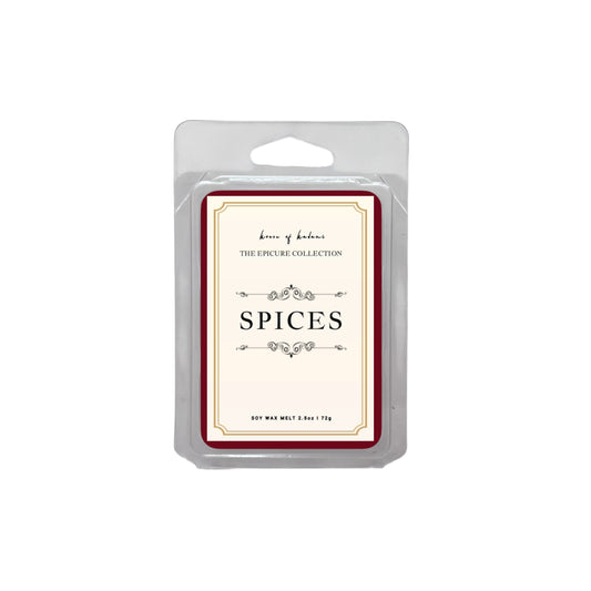 Packaged spice scented wax melt with a label on a white background
