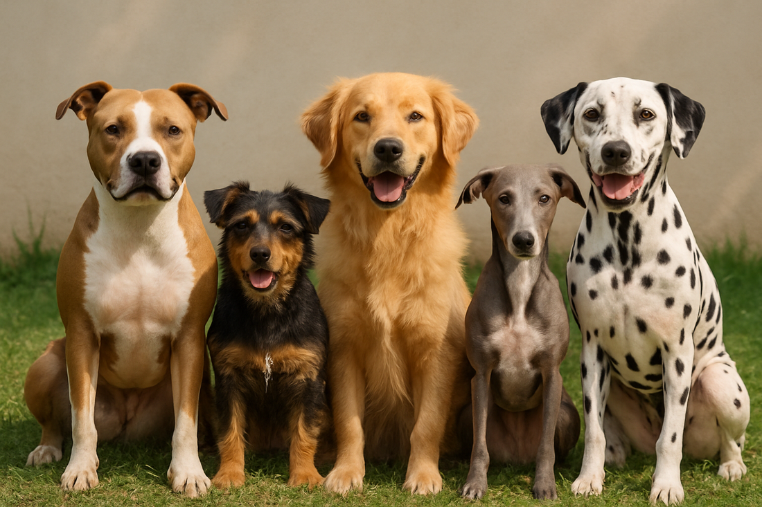 a pack of mixed breed rescue dogs sitting in a row