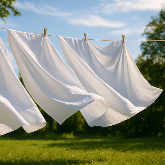 crisp white sheets blowing in a sunny breeze