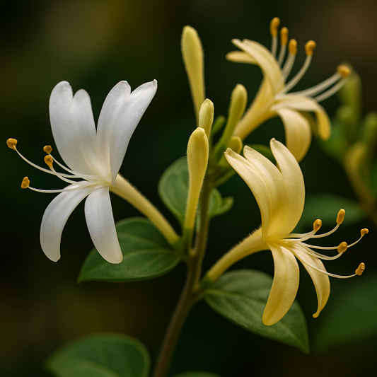 Close-up of white and yellow honeysuckle flowers with green leaves on a blurred background